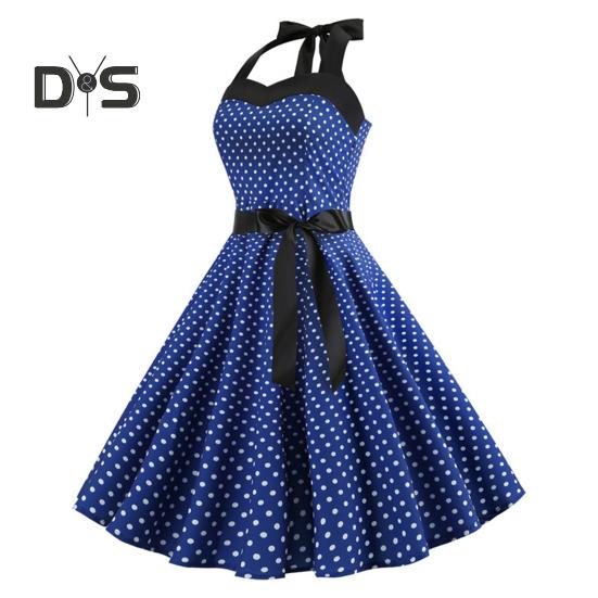 Женское платье миди с бретелью через шею, шнуровкой, облегающим, с высокой талией, бантом, без рукавов, А-силуэта, свободным подолом, принтом в горошек, в стиле ретро 50-х 60-х годов, женское платье для выпускного вечера с открытой спиной