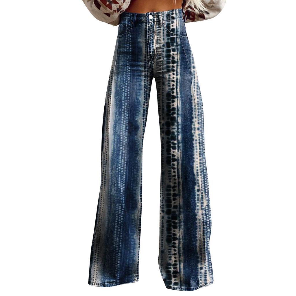 Wide Leg Flare Jeans For Women With Pockets Baggy Pants Vintage Floral Print High Waisted Loose Pant