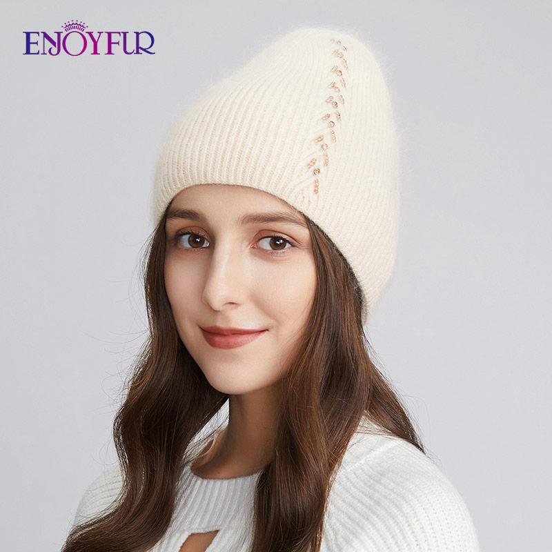 Мягкая шапка ENJOYFUR, теплые зимние женские шапки, мягкая ангорская шерсть, вязаная шапка-бини, толстая двойная подкладка, повседневные шапки в русском стиле с черепом