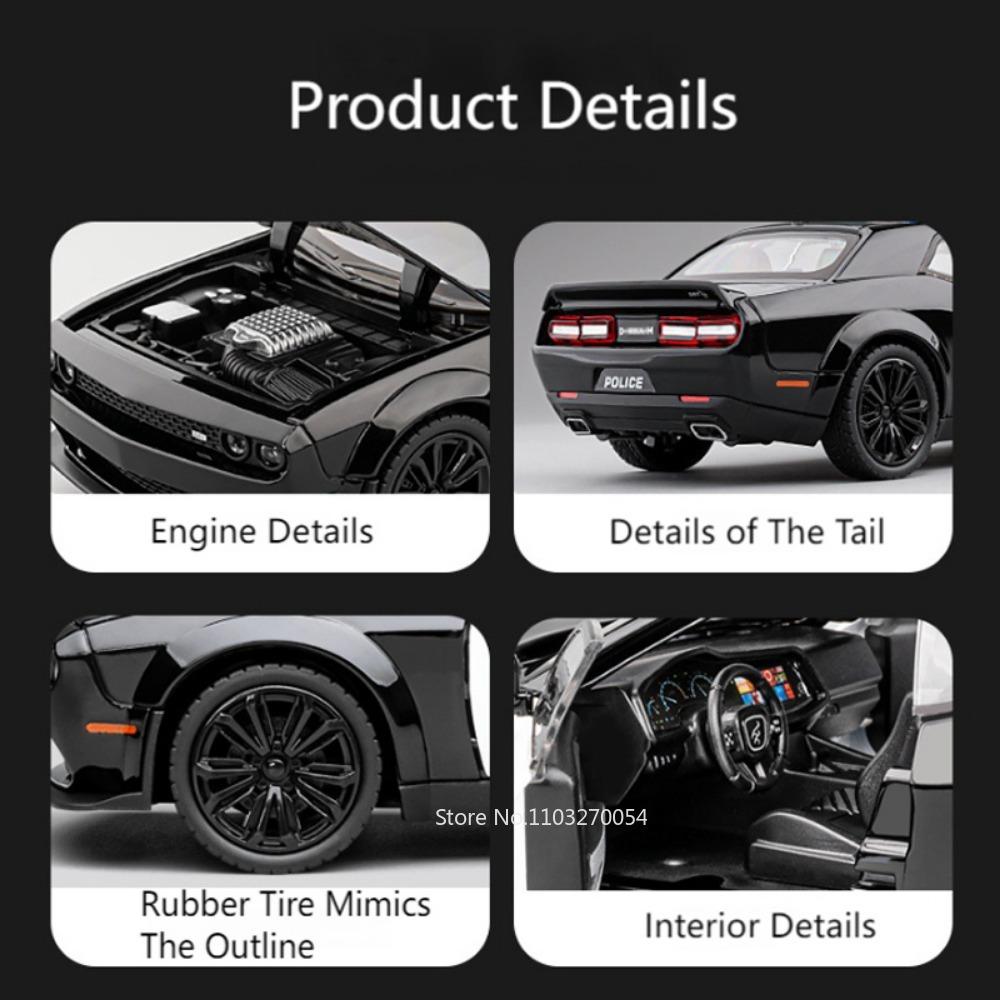 LYZRC 2024 New Scale 1:22 Hell Cat Challenger SRT Police Car Model Toys Alloy Diecast 4 Doors Opened Sound Light Pull Back Vehicle Gift for Kid