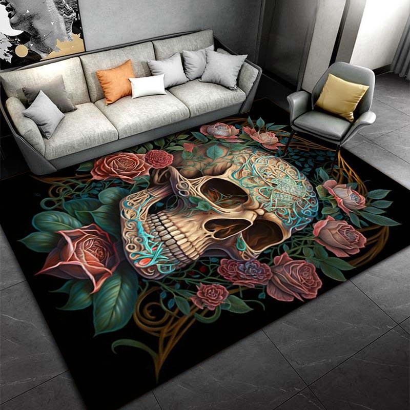Decorative Artistic Skull Pattern Rug with Roses and Floral Design Suitable for use as an anti-slip for living room bedroom sofas