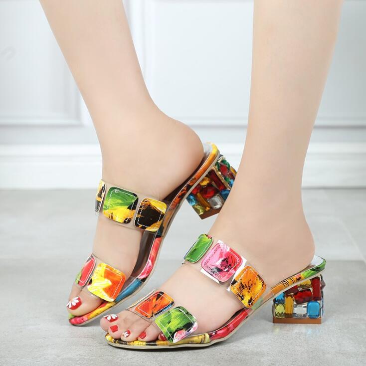 Dwayne Slippers Womens Summer New Strange Style Sandals Rhinestone Candy Colors Matching Elegant High Heels Female 2025