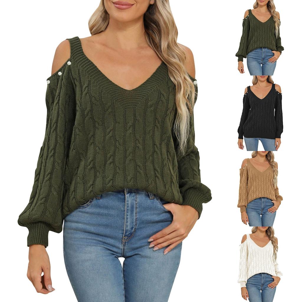 Women's Casual Fashion Comfortable Deep V Sexy Off-shoulder Loose Pullover Sweater Ladies Tops