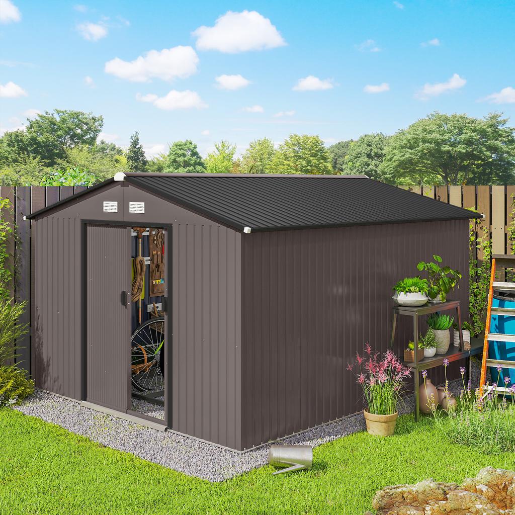 Garden Shed with 2 Sliding Doors and 4 Air Vents in Steel, 322x277x192 cm, Brown