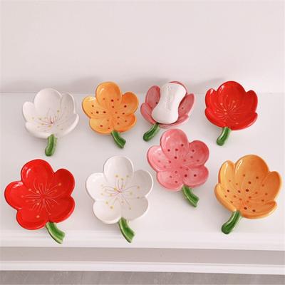 1 шт. Креативная керамическая мыльница в форме цветка персика, коробка для слива мыла, бытовая полка для ванной комнаты, не требует сверления, сливная мыльница