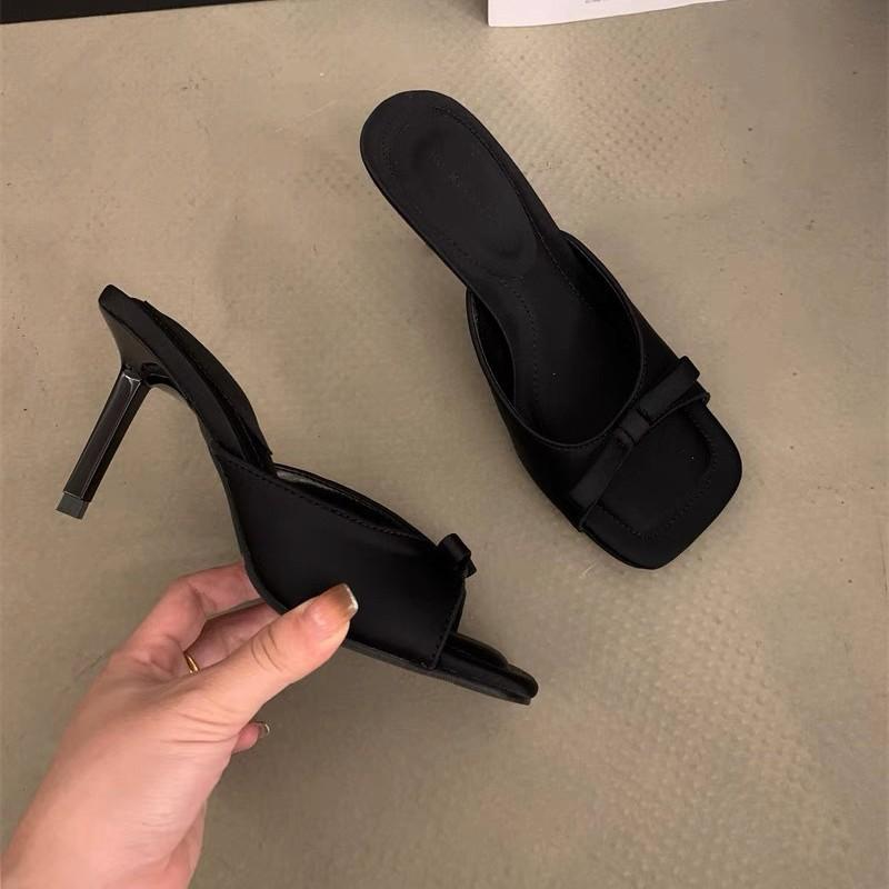 Тапочки женские летние модные черные атласные банты с надписью «рыбий рот» с открытым носком на высоком каблуке классные тапочки женские