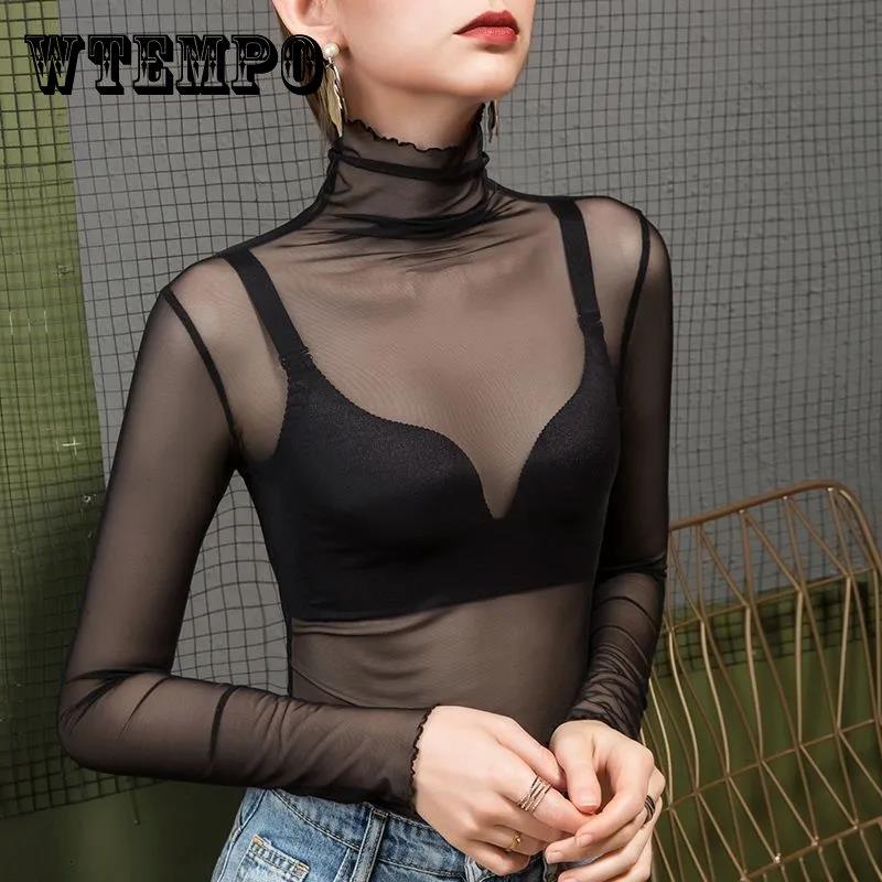 Sexy Women T Shirt See Through Transparent Tops Long Sleeve Sheer Slim Ladies Turtleneck T-Shirt New Arrival Women Pullover