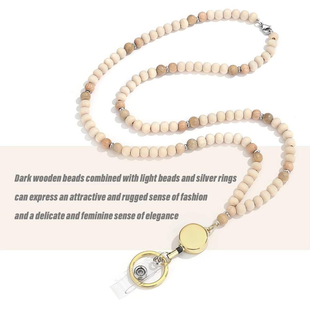 Stainless Steel Clasp Wood Beaded Lanyard Natural Wood Bead Bead Teacher Lanyard Ship Cards