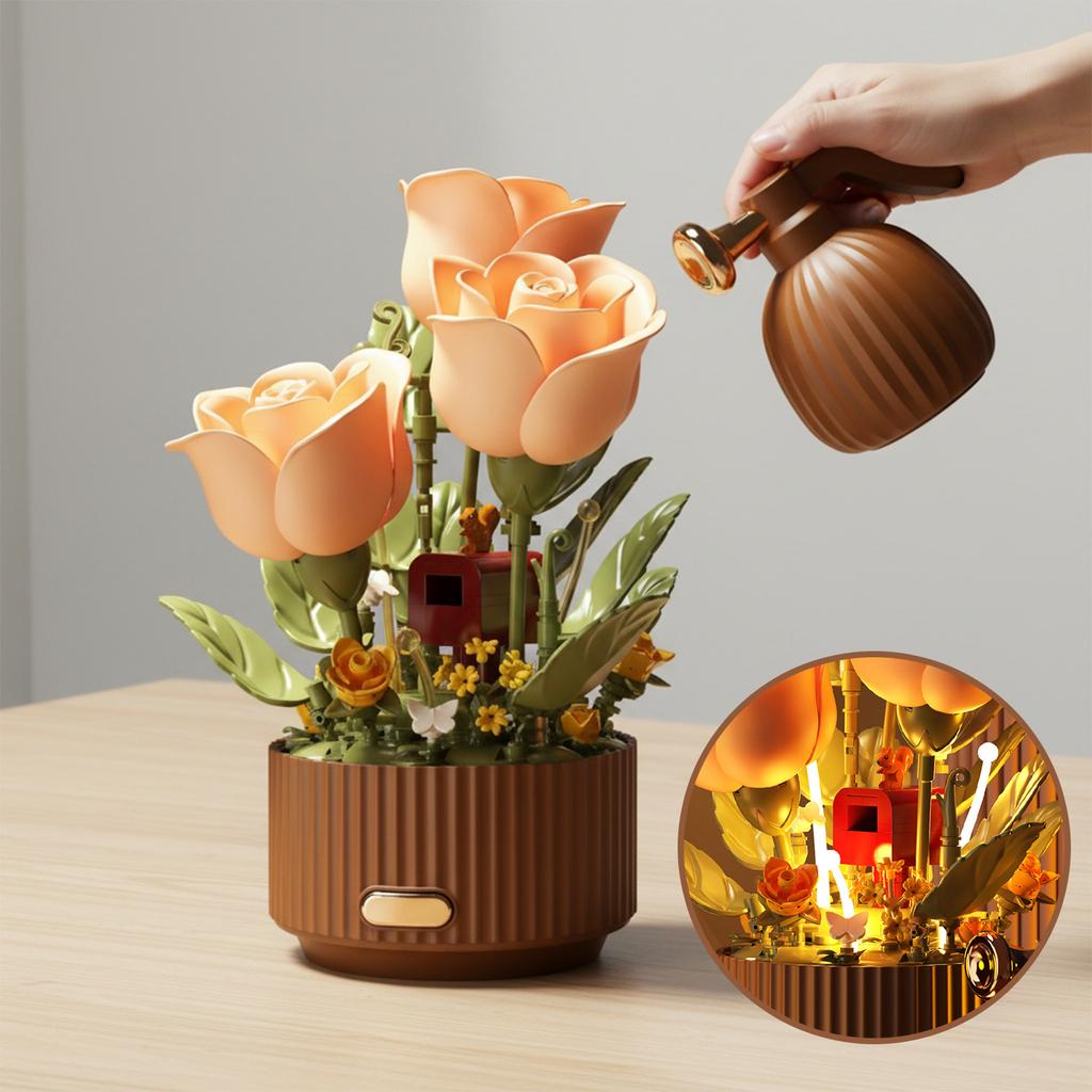 Динамичный Цветок из Строительных Блоков Цветок с Дистанционным Управлением Автоматически Расцветающий Букет Цветов со Светом и Звуком Лейка Цветочный Строительный Блок
