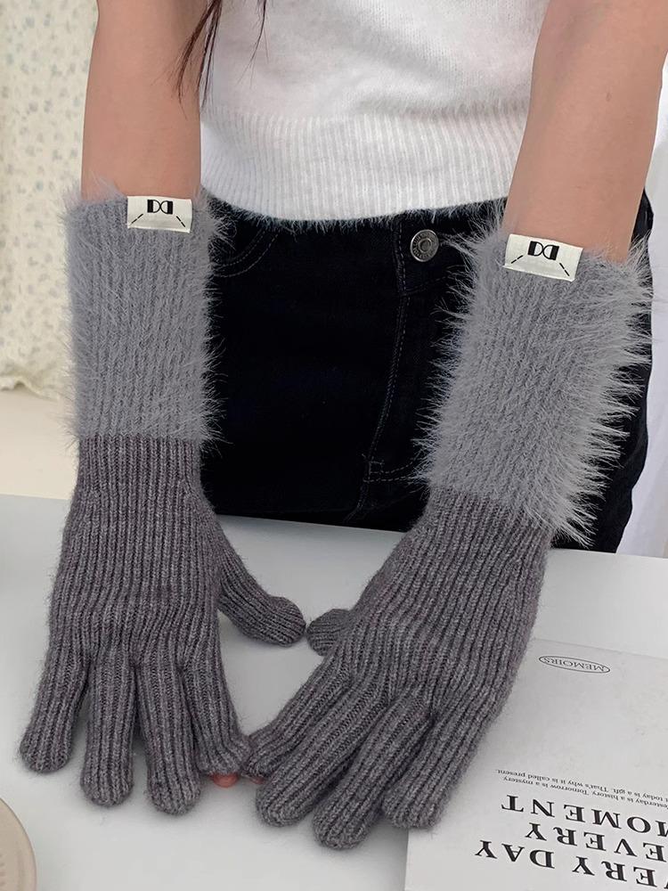 Осень и Зима Дофаминовый Однотонный Теплый Вязаный Варежки с Пятью Пальцами - Универсальные, Милые, Длинный Велосипедный Рукав для Девочек
