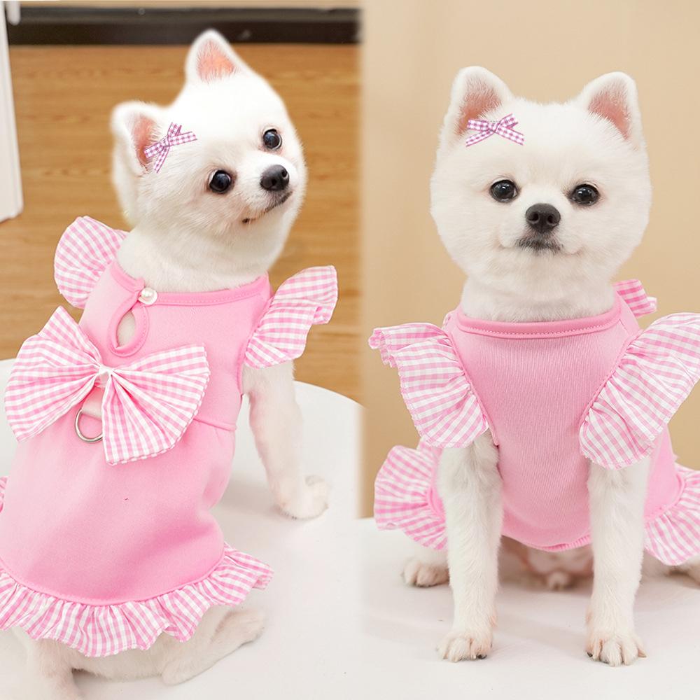 Bow Plaid Summer Dog Skirt Polyester Pet Clothing New Puppy Princess Dress for Cats Kitten