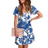 Women's Summer V-neck Casual Beach Dress Short Sleeve Floral Print Dress