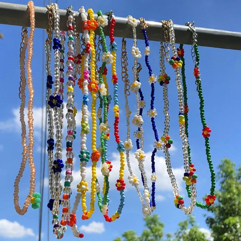 Яркий Чокер-Ожерелье с Цветами Маргаритки из Бусин, Регулируемая Цепочка на Ключицу для Женщин и Девочек, Милые Ручной Работы Бохо Украшения