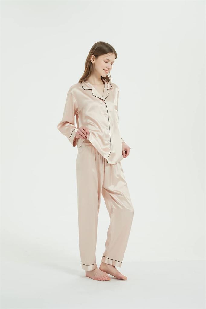 Pajamas Silk Satin Top and Bottom Set Room Wear Loungewear Long Sleeve Open Front Light Pink L [KUMASEN] Women's
