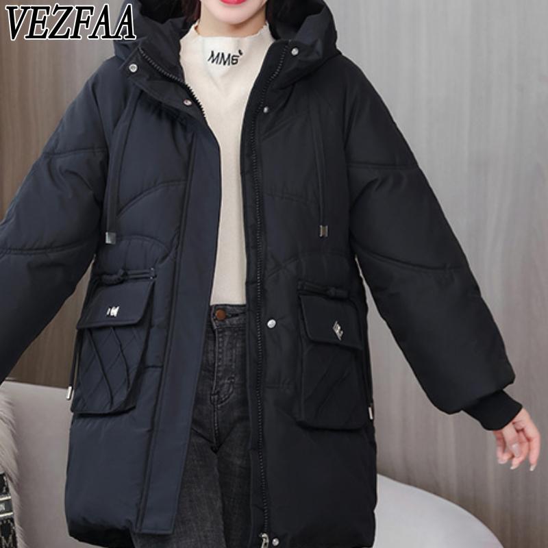 VEZFAA Women's Fashion Casual Fall Winter Solid Color Print Long Sleeve Jackets & Coats Down Coats