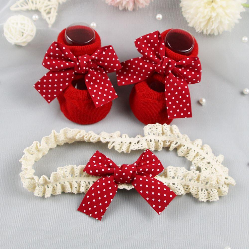 Red Heart Toddler Floor Socks Socks Headband Set Newborn Baby Girl Socks Infant Anti Slip Socks