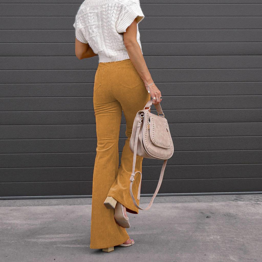 Spring and Autumn Women's Plus Size Solid Color Corduroy Temperament Pants Micro Pant High Waist Casual Pants