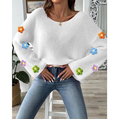 Женский свитер с цветочным узором, связанный вручную крючком, с простым свободным однотонным вырезом и расклешенными рукавами, открытыми плечами
