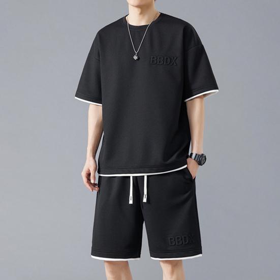 Мужской летний наряд из 2 шт./компл., футболка с коротким рукавом и круглым вырезом, эластичная талия, регулируемый шнурок, широкие шорты, комплект, поддельные