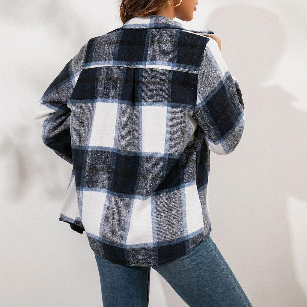 Модная женская повседневная свободная шерстяная плюшевая клетчатая куртка-рубашка с длинными рукавами