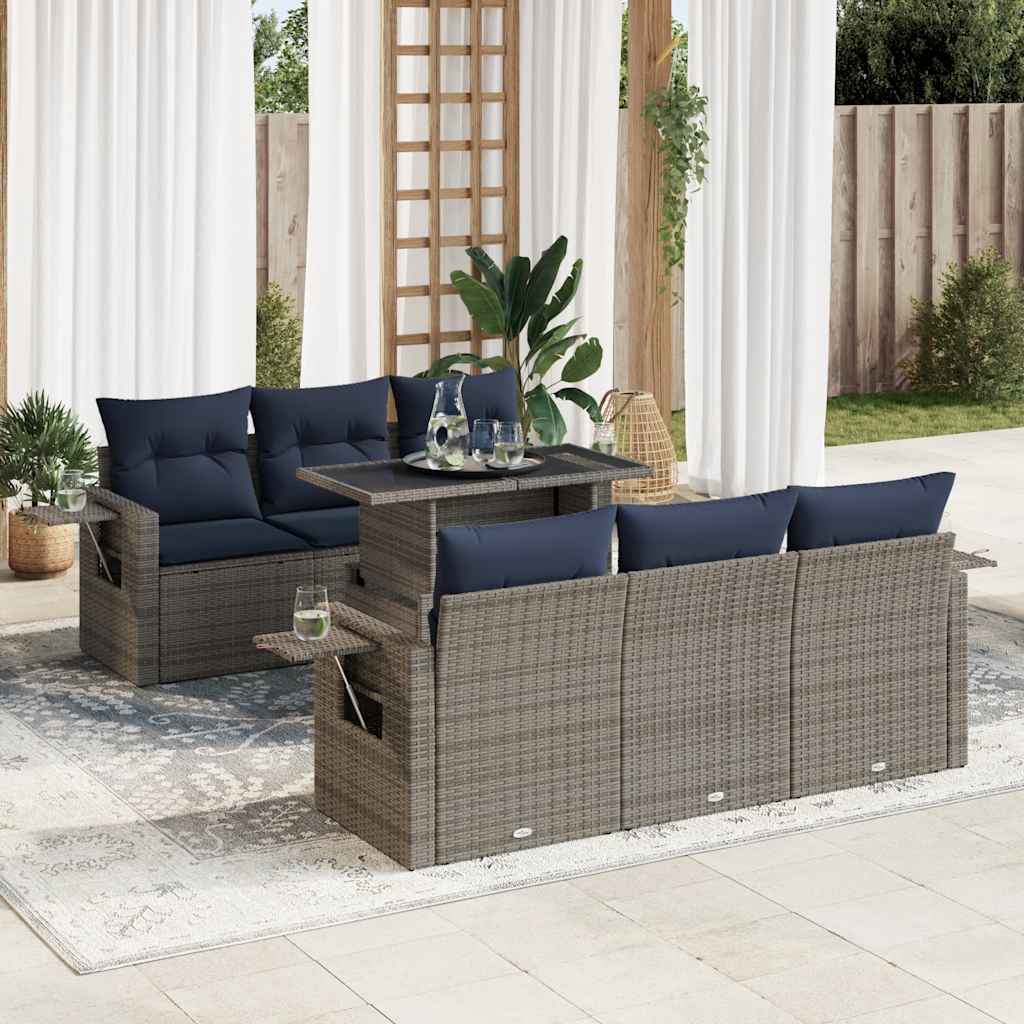 7 Piece Garden Sofa Set with Cushions Gray Poly Rattan