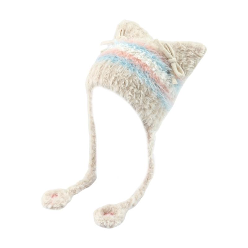 Furry Cartoon Head Cover with Ear for Outdoor Sports Striped Hat with Ear Oversized Headgear Hat for Winter