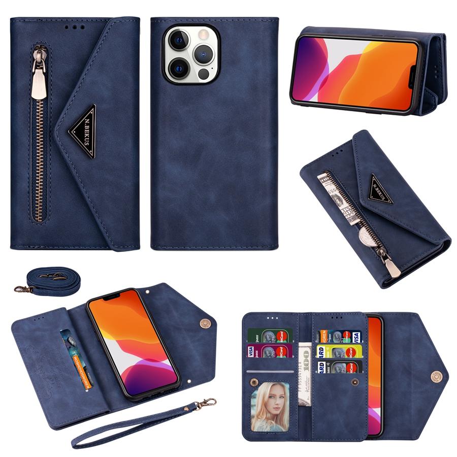 Wallet Skin-feeling Multi-card Zipper With Lanyard Leather Case For iPhone 14 Pro Max Samsung Galaxy A13 A33 A53 Xiaomi Redmi Note 11 Huawei P30 Lite