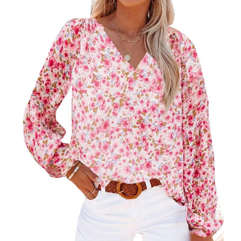 Floral Chiffon Shirt Women Vinatge Fashion Lantern Sleeve Print Blouses Tops 2022 V-neck Casual Flower Plus Size Blouse 19347