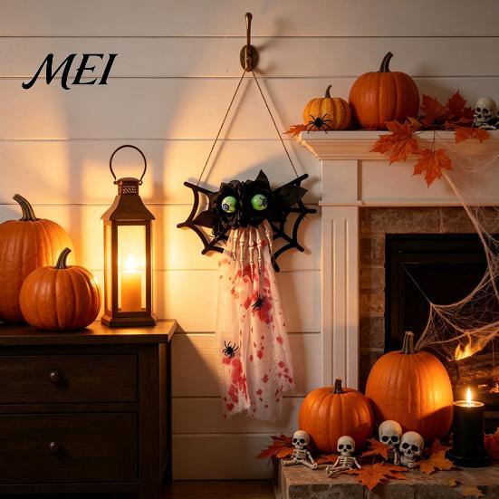 Easy Install Hanging Spiders Halloween Decoration, Spooky Wooden Spider Web Skeleton Hand Wall Black for Porch Ornament with Blood Gauze Indoor