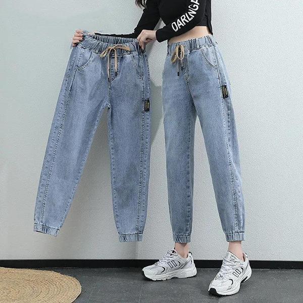 Women Spring Autumn Large Size Streetwear Cropped Jeans Loose Solid Color High Waist Elastic Casual Jeans