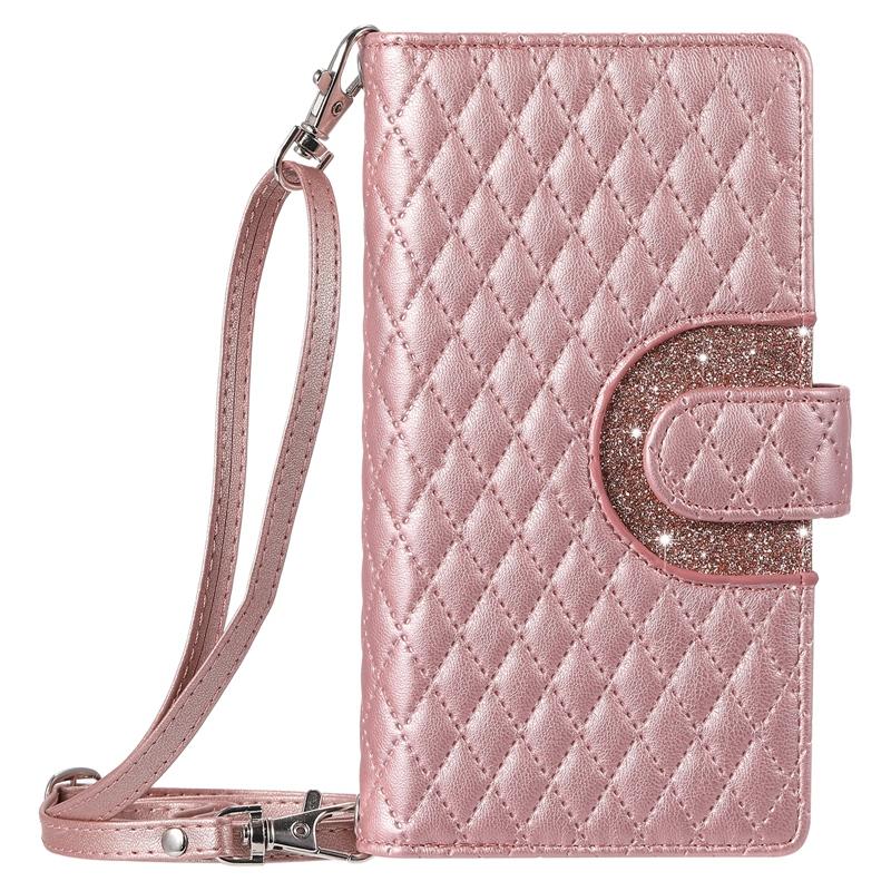 Luxury Glitter Powder Zipper Wallet Case with Card Slots for iPhone Samsung Xiaomi Redmi Google OPPO Long Strap + Short Strap Flip Leather Phone Bag