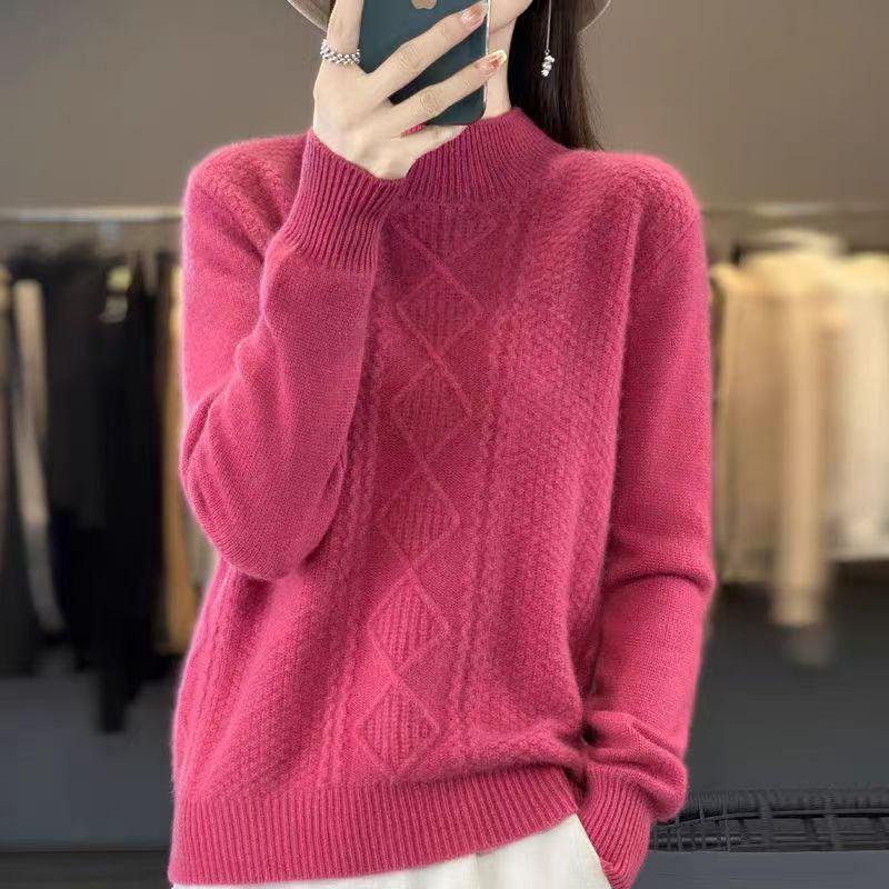 Пуловер с полувысоким воротником, вязаный свитер для женщин, осень и зима, однотонный, с длинным рукавом, свободный, повседневный свитер