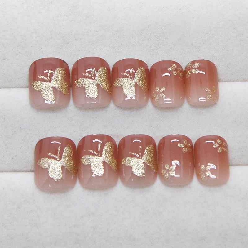 fine flash flower butterfly gradual change short European square girl temperament fake nail patch removable wearable armor 24 pieces