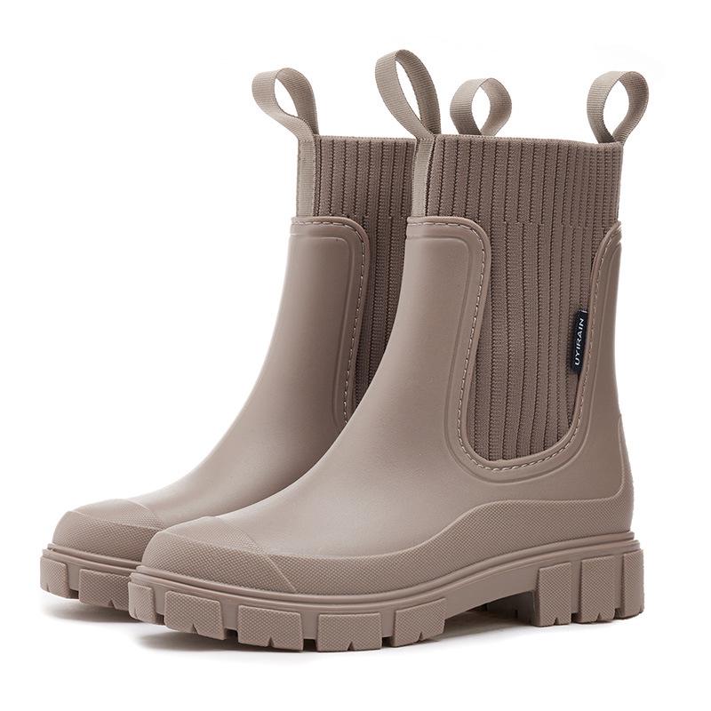 Women's Elastic Mid-Calf Waterproof Fashion Rain Boots - Wear-Resistant, Non-Slip, Height-Increasing, Solid Color.