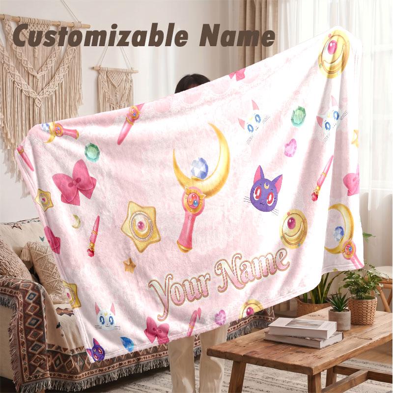 Custom Name Flannel Blanket,Sailor Moon Lightweight Warm Bed Blanket For Couch & Holiday Gift