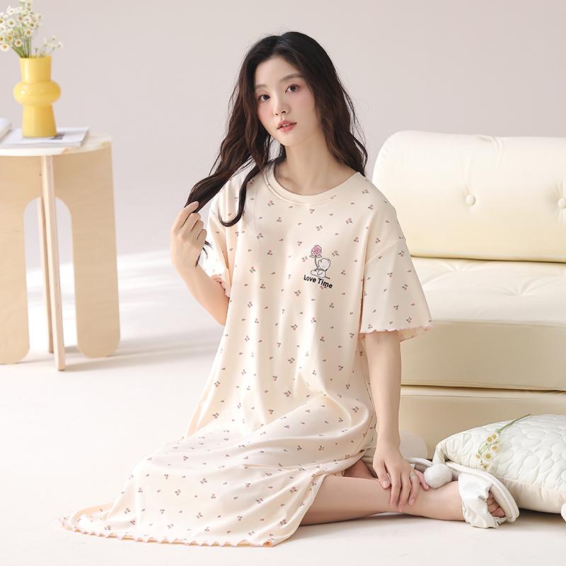 Fenteng [100% cotton with chest cushion] 26 year spring/summer round neck nightgown dress can be worn as sleepwear for women