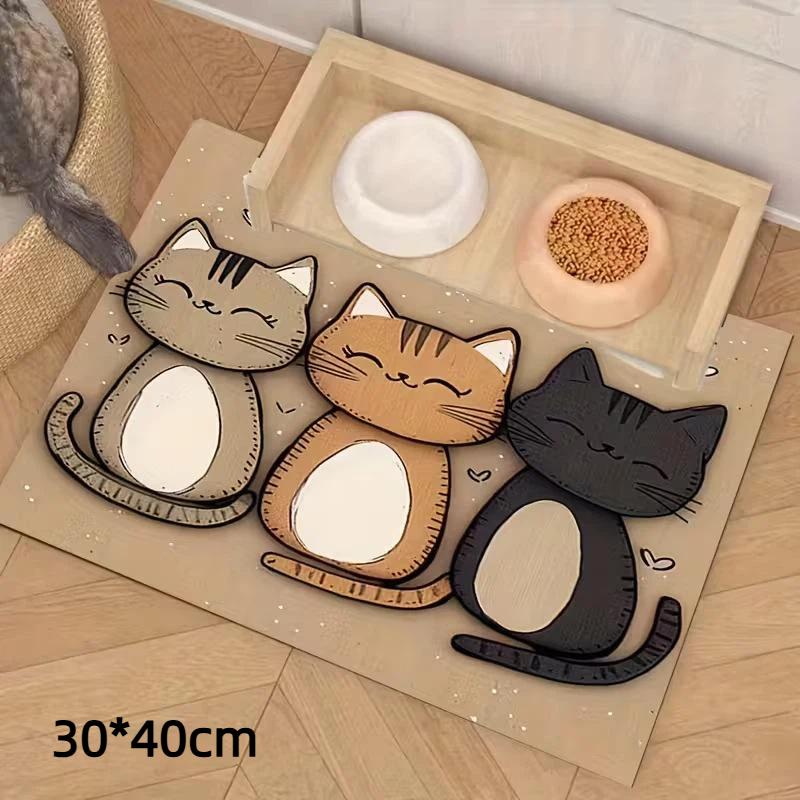 Waterproof Non Slip Cat Feeding Mat Cute Cartoon Linen Texture Pet Food Pad Matches All Pet Bowl Styles for Cats
