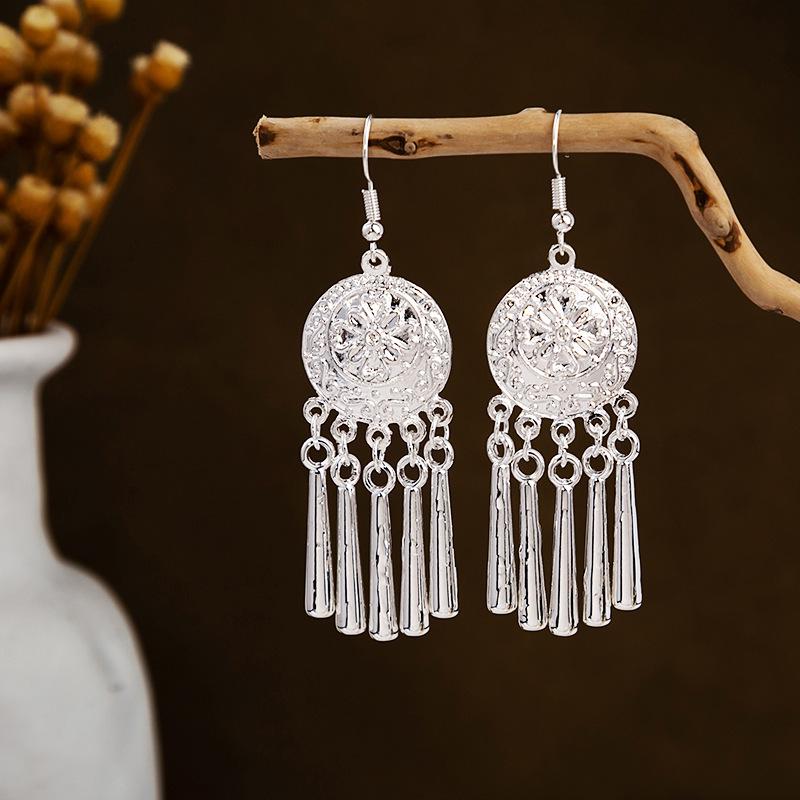 Bohemian Long Leaf Tassel Earrings - Imitation Silver, Miao Ethnic Style