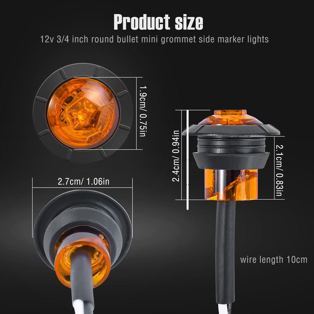 12V Waterproof IP68 Universal Signal Light 3/4" Round Trailer Side Marker Light Truck Clearance Lights Truck Turn Signal Lamp