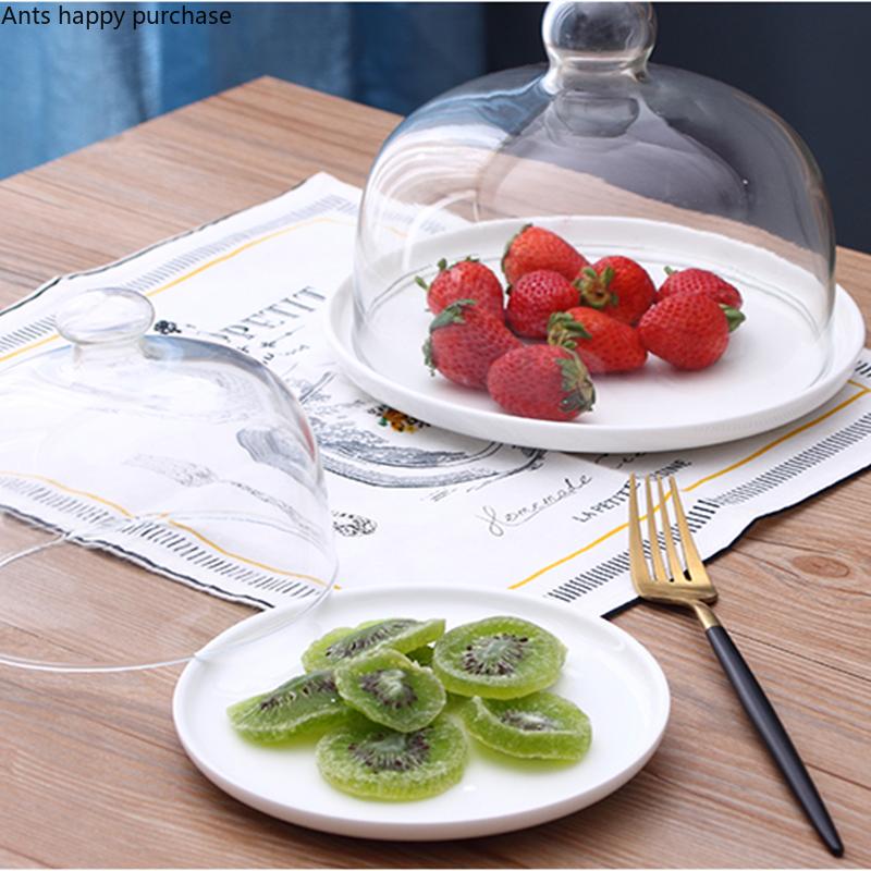 Ceramic Cake Pan Glass Cover Round Decorative Plate with Transparent Cover Display Stand Tray Cake Stand Snack Dessert Plate