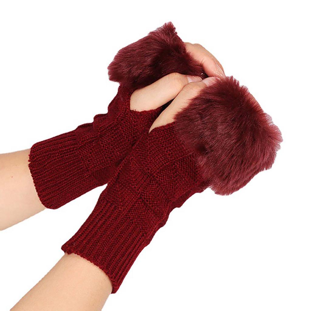 Autumn/winter Medium Length Knitted Gloves Half Finger Computer Gloves Warm Imitation Rabbit  Gloves