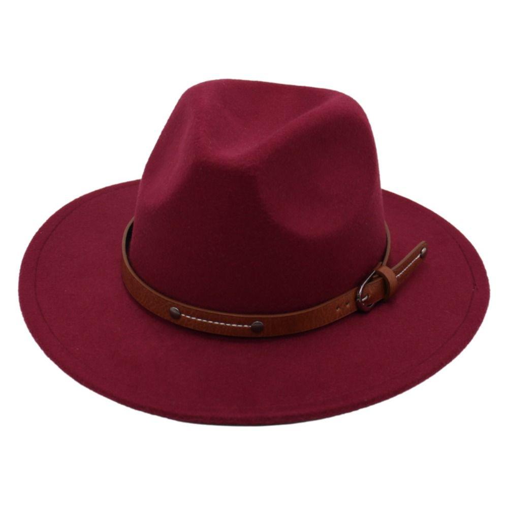 Wide Brim Felt Fedora Hats With Belt Buckle Cowboy Cap Fashion Panama Cap  Men Women