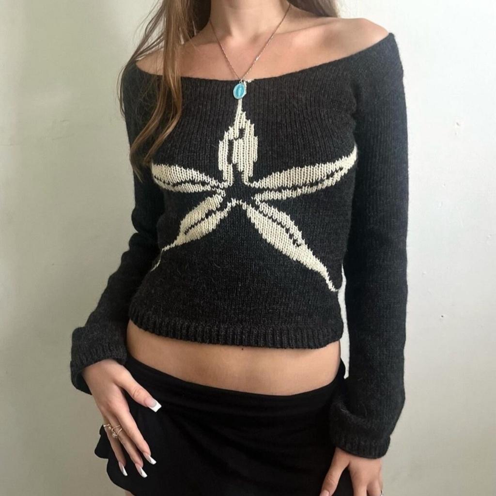 2KWEIRD Женские вязаные топы с открытыми плечами, облегающий свитер с графическим принтом, трикотаж с длинным рукавом, эстетика Y2K, уличная одежда