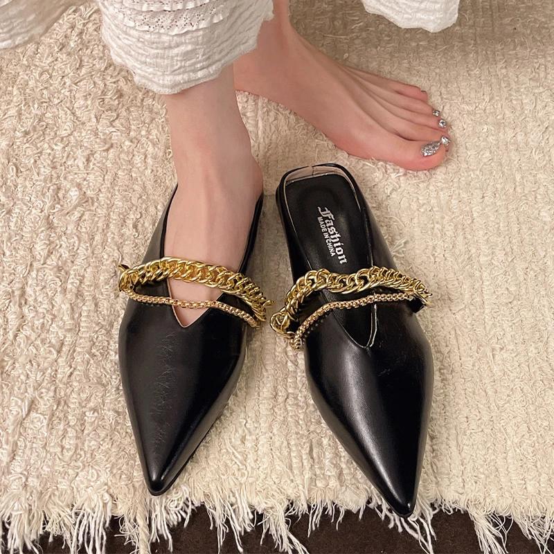 Pointed Toe Women's Slippers Chain Flats Fashion Mules Shoes Summer Woman 2025 New Designer Sandals Cozy Walking Chaussure Femme