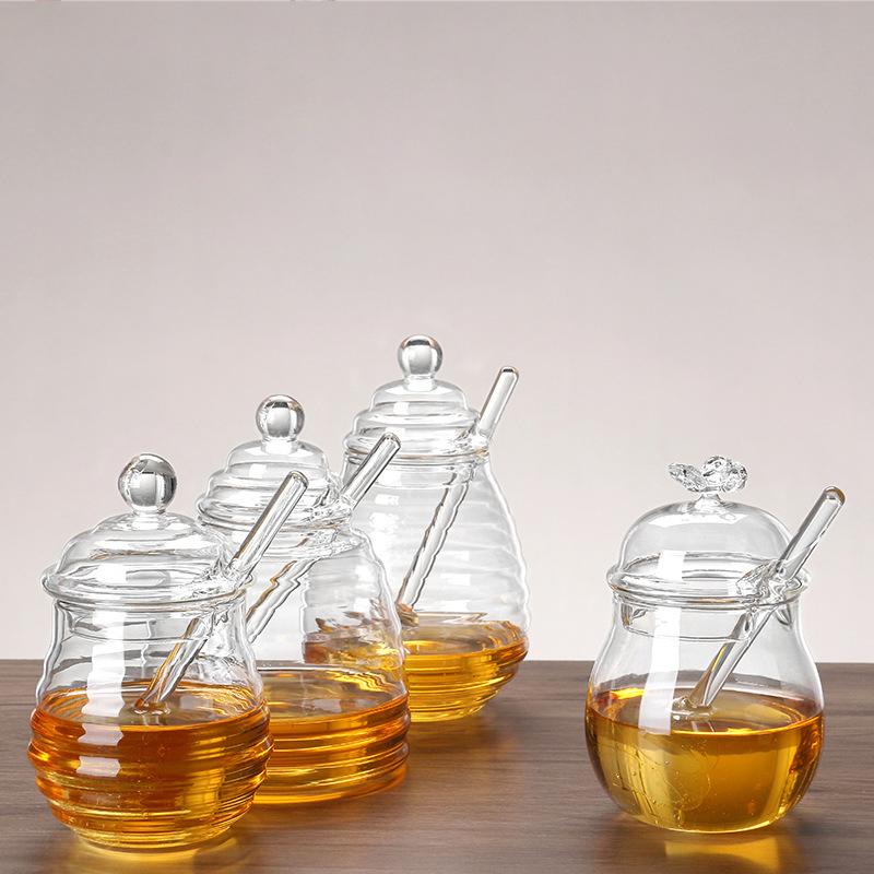 Glass Honeycomb Tank Honey Jar Clear Glass Honey Dispenser With Dipper Stick And Lid Honey Bottle For Kitchen Coffee Bar Baking