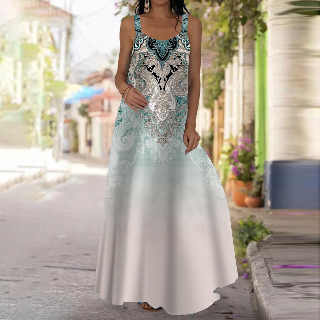 Женское платье-комбинация, длинное платье макси, изысканные узоры, принт, платье для весны и лета, V-образный вырез, для отдыха и отпуска