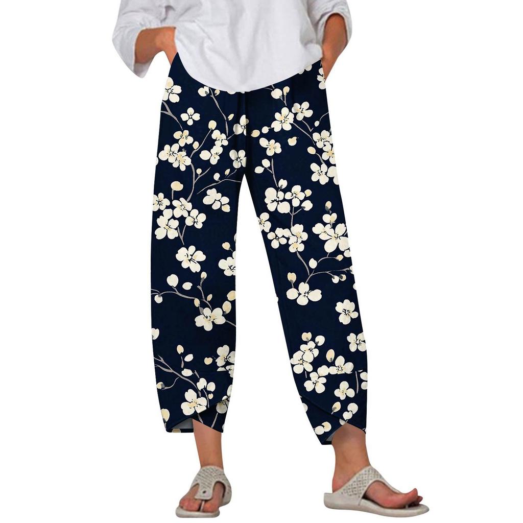 Брюки женские летние повседневные широкие брюки с эластичной резинкой на талии и принтом с карманами