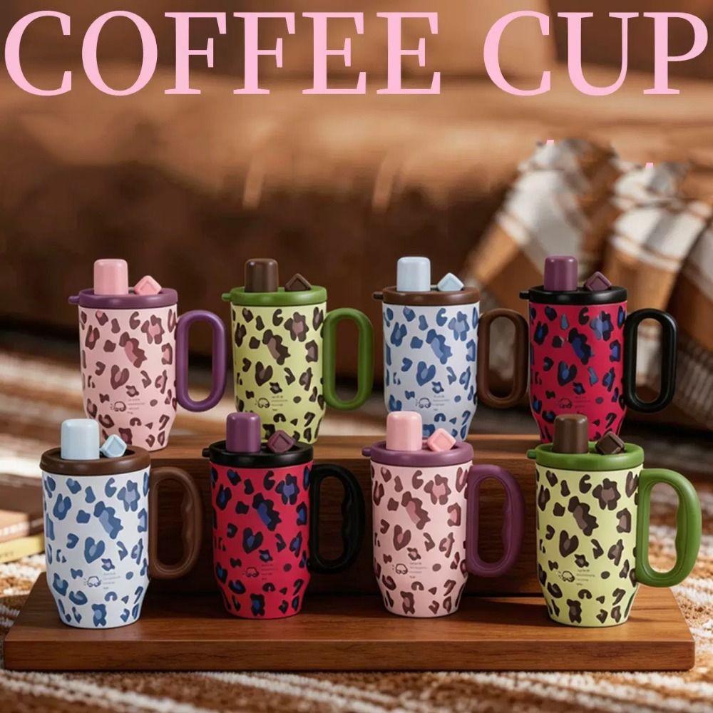 Portable Thermos Water Bottle 750 ML Drinking Straw Cup Leopard Pattern Insulated Cup Women