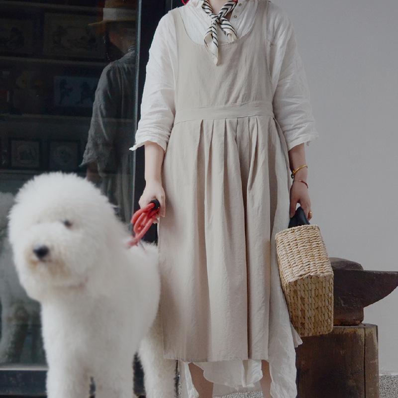 Ретро Арт Хлопок и Лен Фартук в Стиле Мори с Принтованным Логотипом