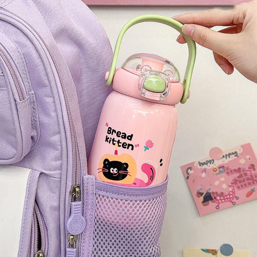 Cartoon Thermal Cup Double Drinking Straw Coffee Cup Portable Insulated Cup For Girls